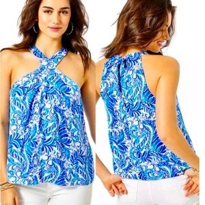 Lilly Pulitzer Rori Top Baha Blue Bird is the Word Print Halter Neck Top XL